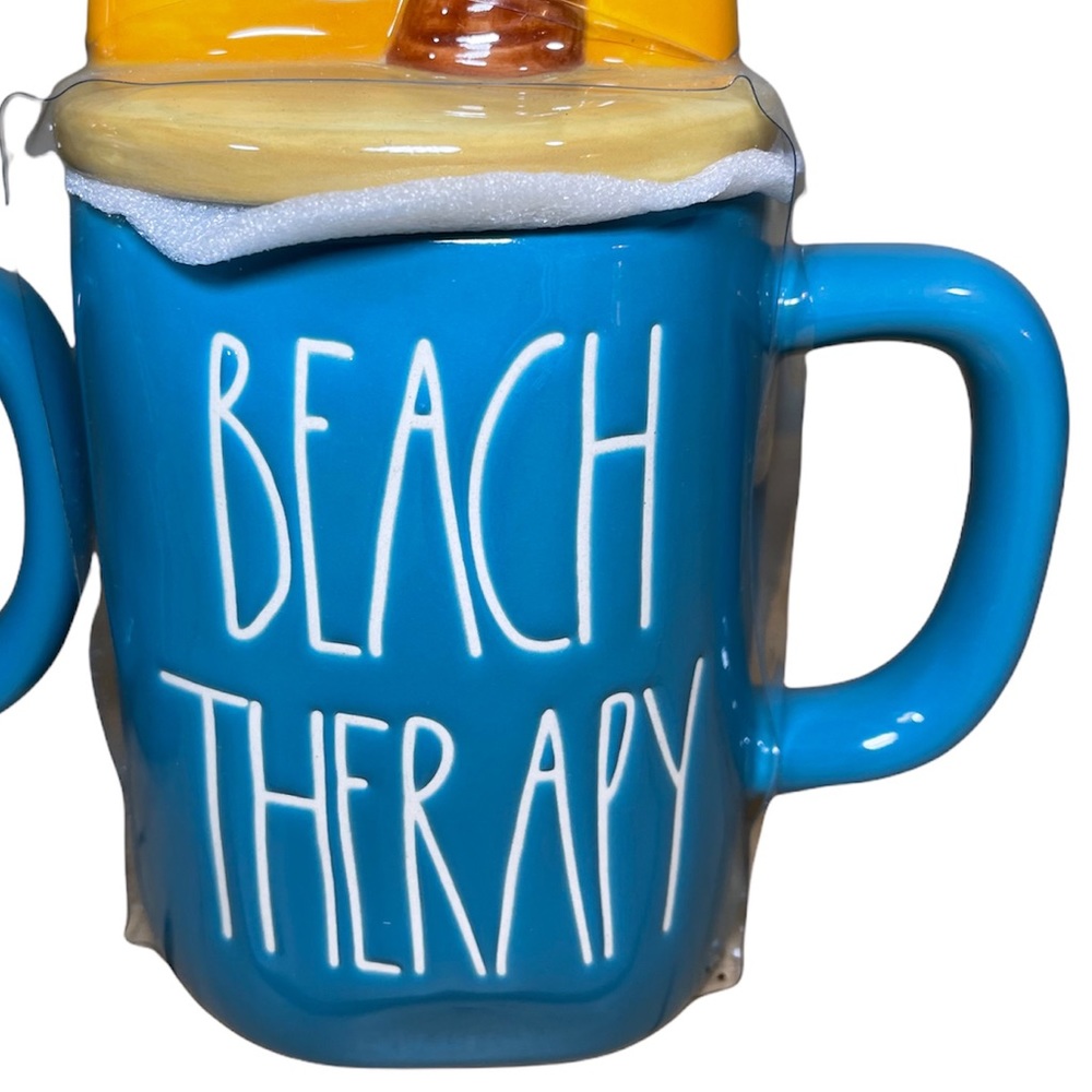 ⚡️SOLD⚡️Rae Dunn "Beach Therapy" Coffee Mug w/ Topper Lid Palm Tree 2 Set Mugs - Picture 10 of 11
